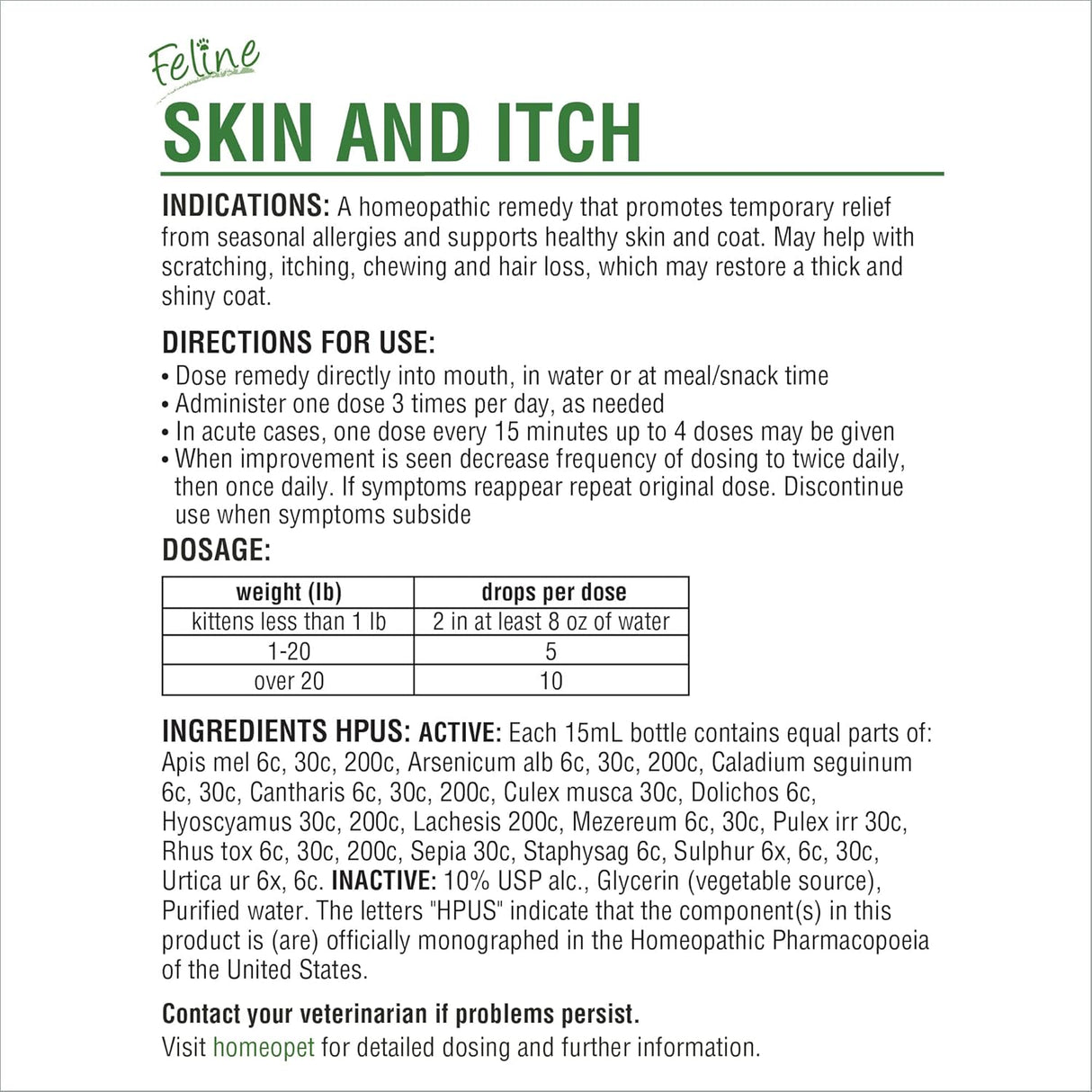 HomeoPet Feline Skin and Itch 15Ml.