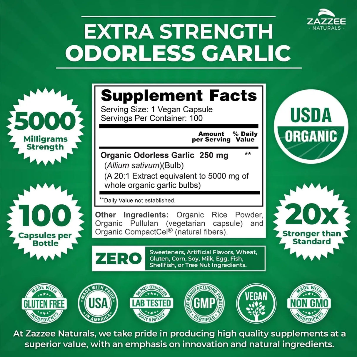 ZAZZEE NATURALS - Zazzee USDA Organic Odorless Garlic 20:1 Extract 100 Capsulas - The Red Vitamin MX - Suplementos Alimenticios - {{ shop.shopifyCountryName }}