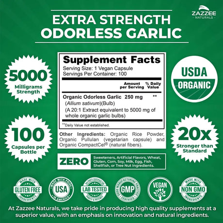 ZAZZEE NATURALS - Zazzee USDA Organic Odorless Garlic 20:1 Extract 100 Capsulas - The Red Vitamin MX - Suplementos Alimenticios - {{ shop.shopifyCountryName }}