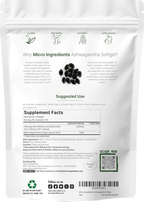 MICRO INGREDIENTS - Micro Ingredients Ashwagandha 6,000Mg. 300 Capsulas Blandas - The Red Vitamin MX - Suplementos Alimenticios - {{ shop.shopifyCountryName }}