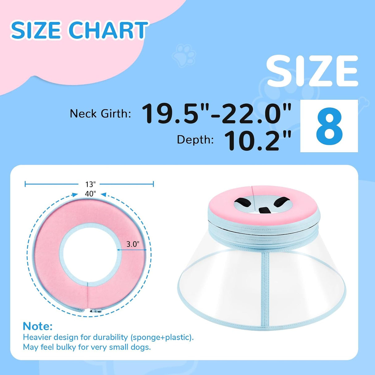 ICOYEA Sponge Core Dog Cone PINK Size 8 Neck: 19.5"- 22.0"