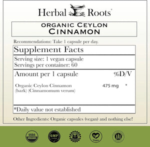 HERBAL ROOTS - Herbal Roots Organic Ceylon Cinnamon 60 Capsulas - The Red Vitamin MX - Suplementos Alimenticios - {{ shop.shopifyCountryName }}