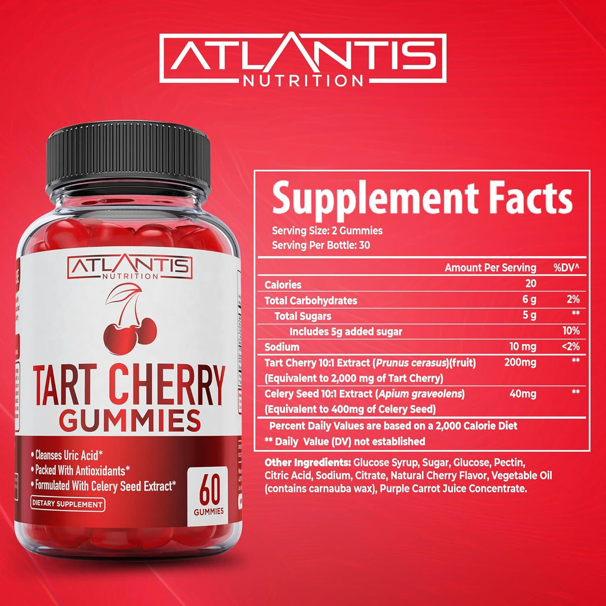 Atlantis Nutrition Tart Cherry Gummies with Celery Seed Extract 60 Gomitas