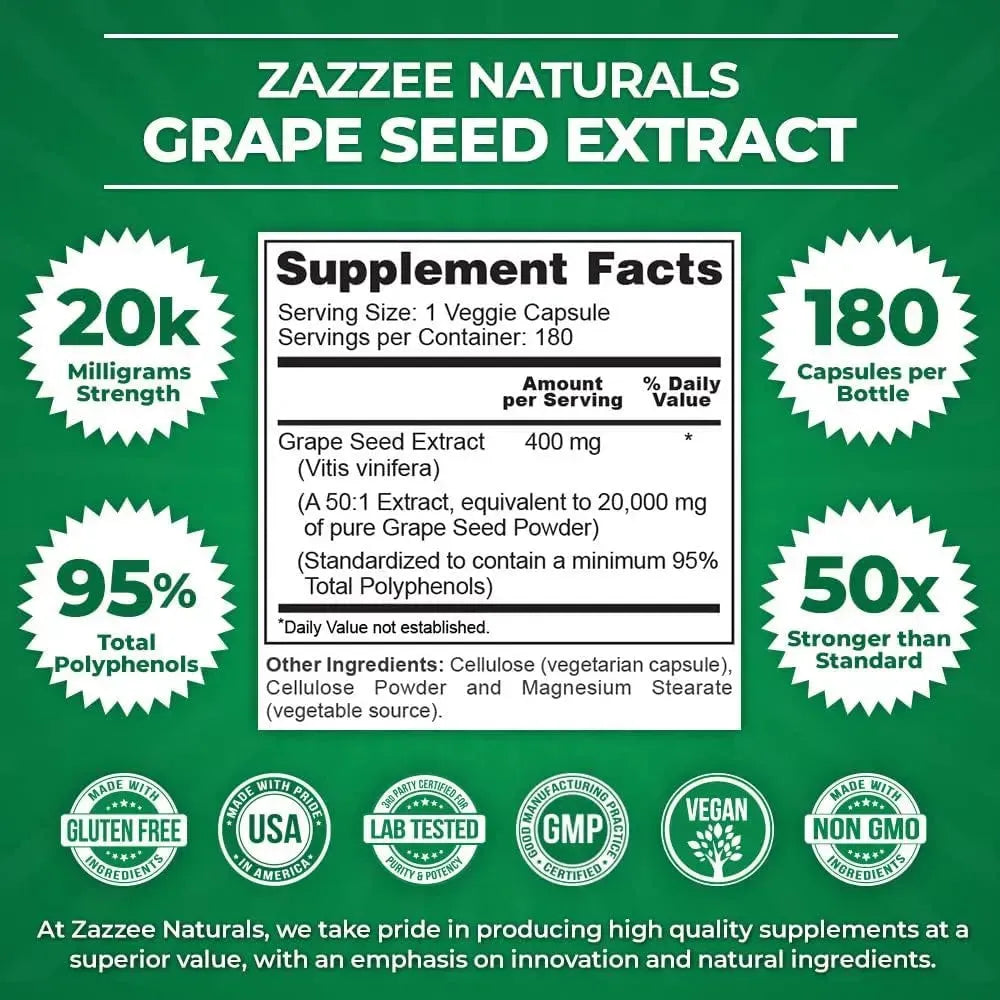 ZAZZEE NATURALS - Zazzee High Strength Grape Seed 50:1 Extract 180 Capsulas - The Red Vitamin MX - Suplementos Alimenticios - {{ shop.shopifyCountryName }}