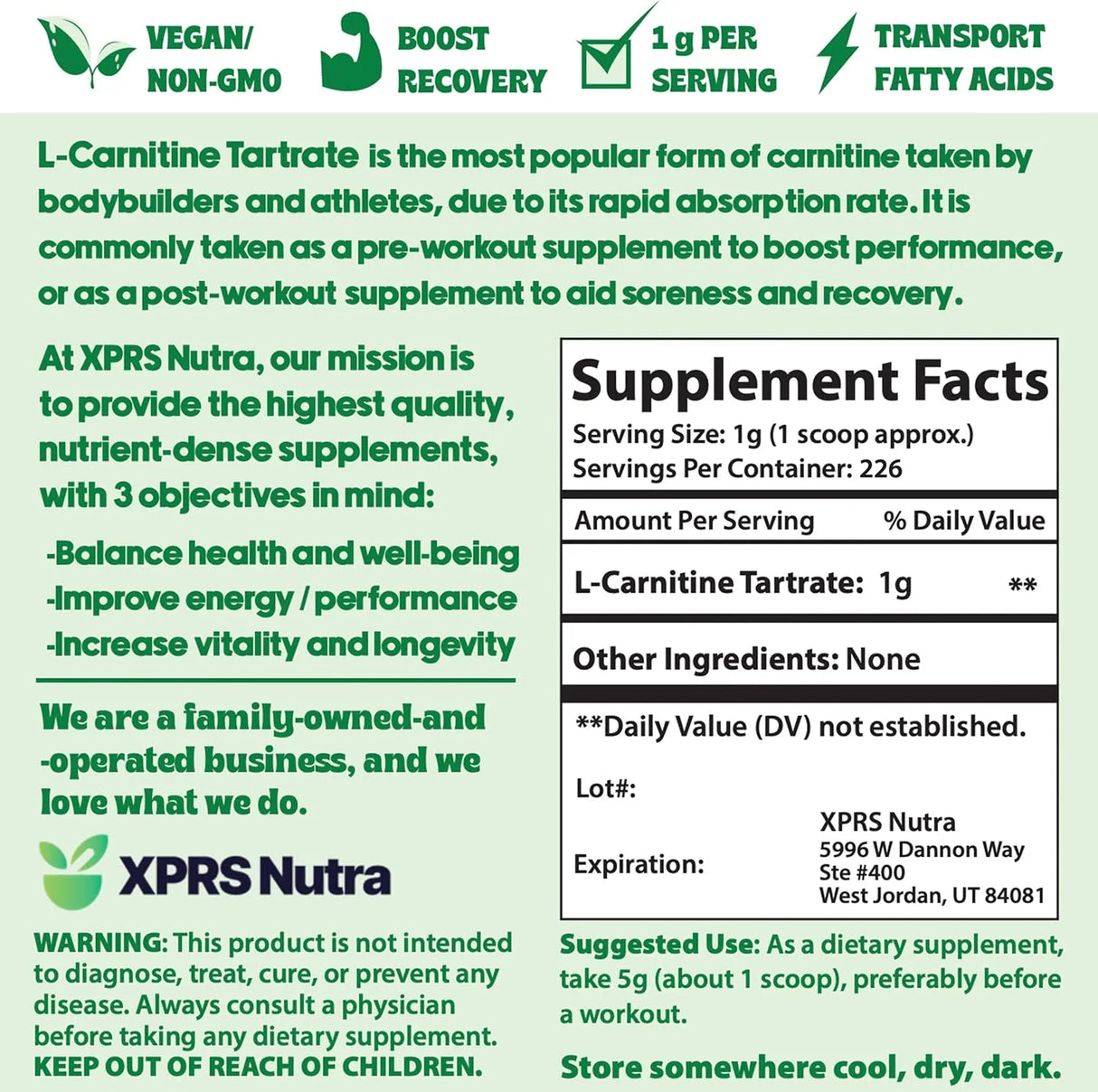 XPRS NUTRA - XPRS Nutra L Carnitine L Tartrate Powder 8 Oz. - The Red Vitamin MX - Suplementos Alimenticios - {{ shop.shopifyCountryName }}