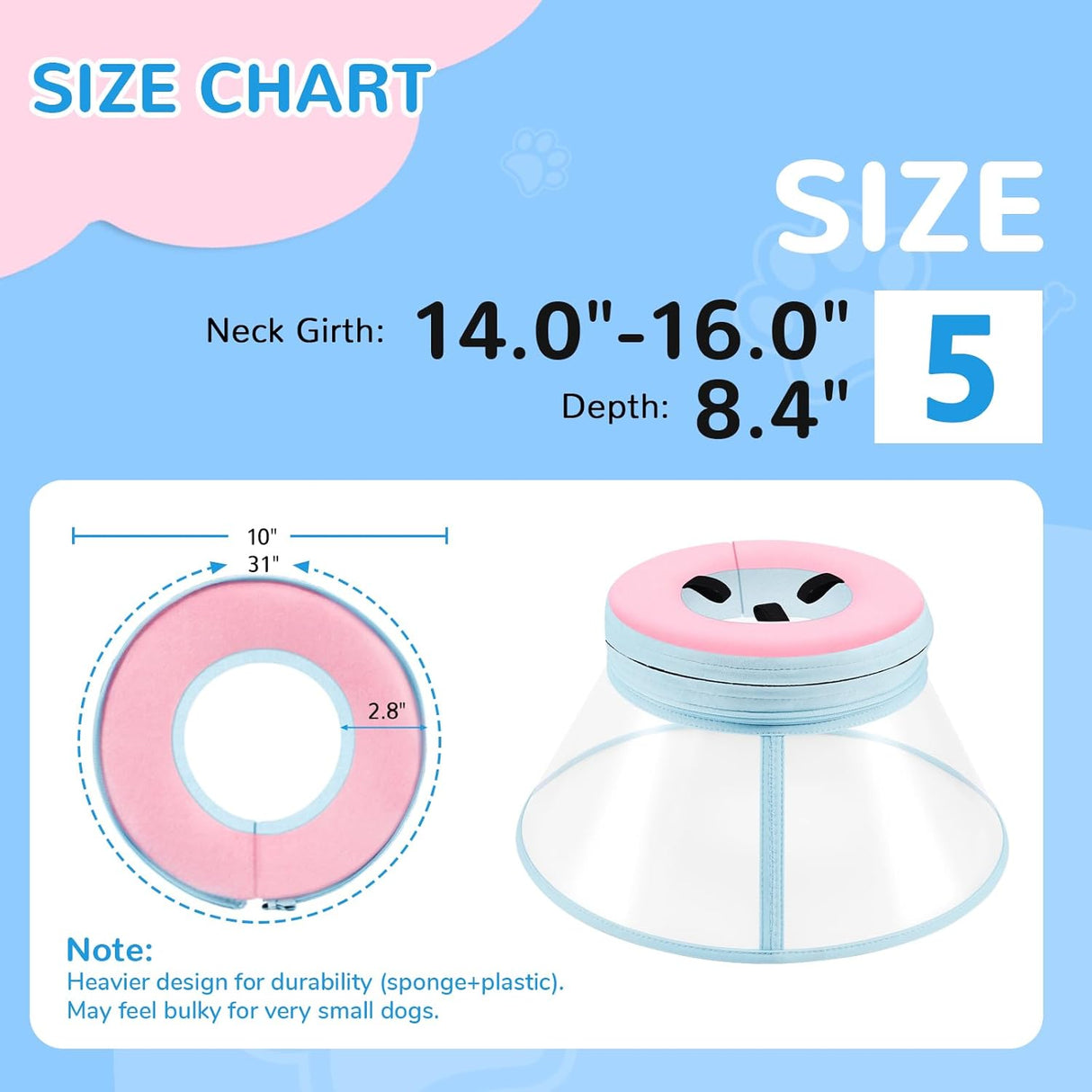 ICOYEA Sponge Core Dog Cone PINK Size 5 Neck: 14.0"- 16.0"