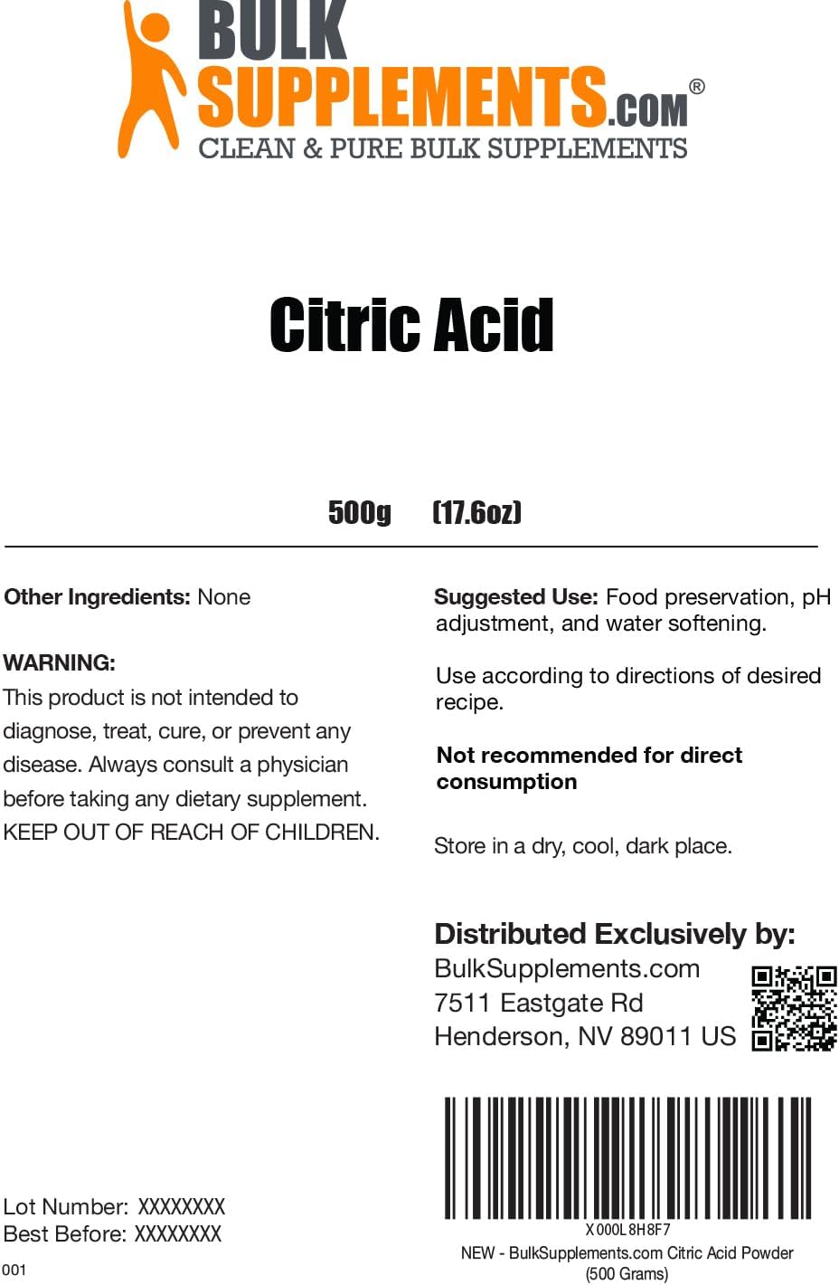 Bulk Supplements Citric Acid Powder 500Gr.