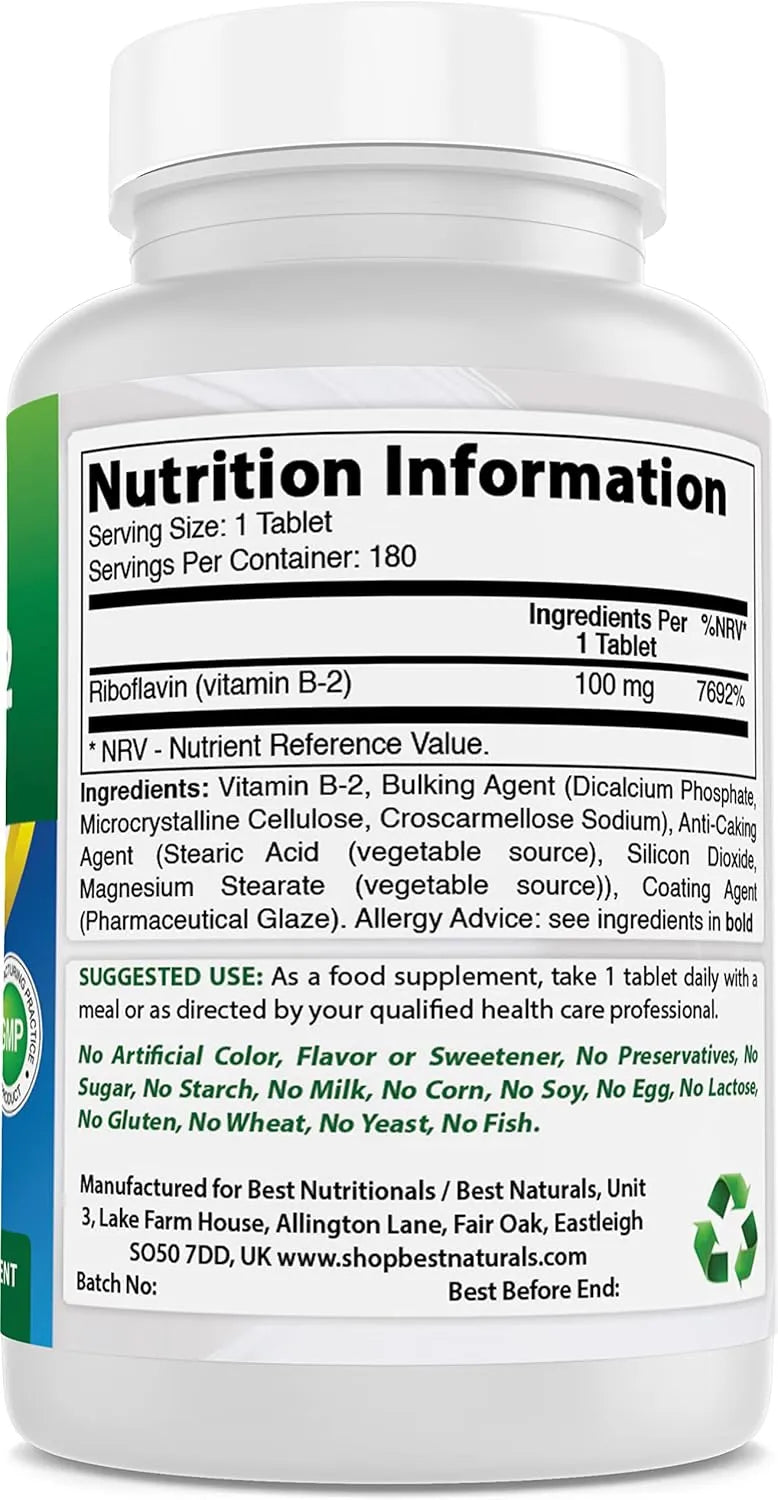 BEST NATURALS - Best Naturals Vitamin B2 100Mg. 180 Tabletas - The Red Vitamin MX - Suplementos Alimenticios - {{ shop.shopifyCountryName }}