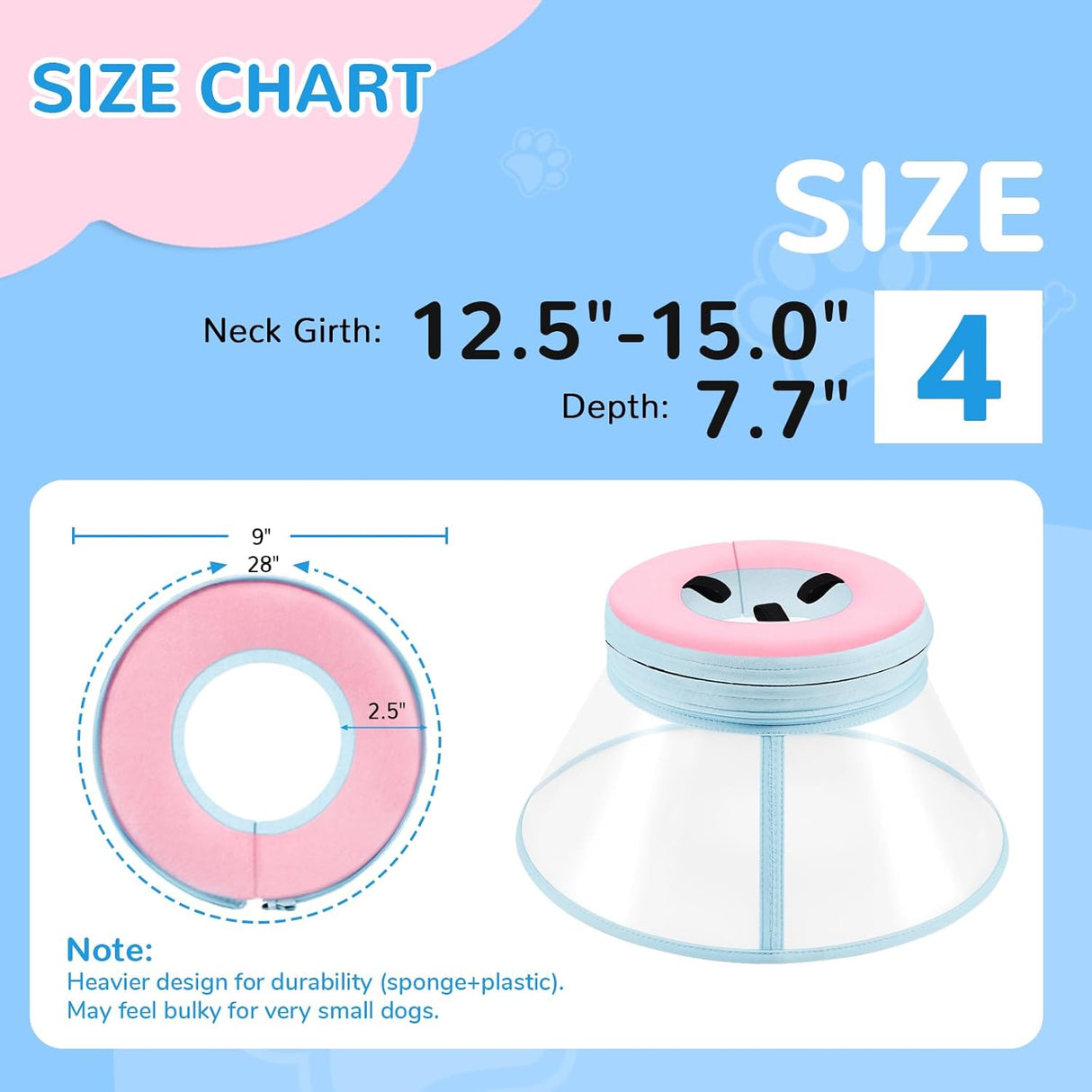 ICOYEA Sponge Core Dog Cone PINK Size 4 Neck: 12.5"- 15.0"