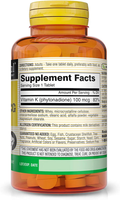 MASON NATURAL - MASON NATURAL Vitamin K 100 mcg 100 Tabletas 3 Pack - The Red Vitamin MX - Suplementos Alimenticios - {{ shop.shopifyCountryName }}