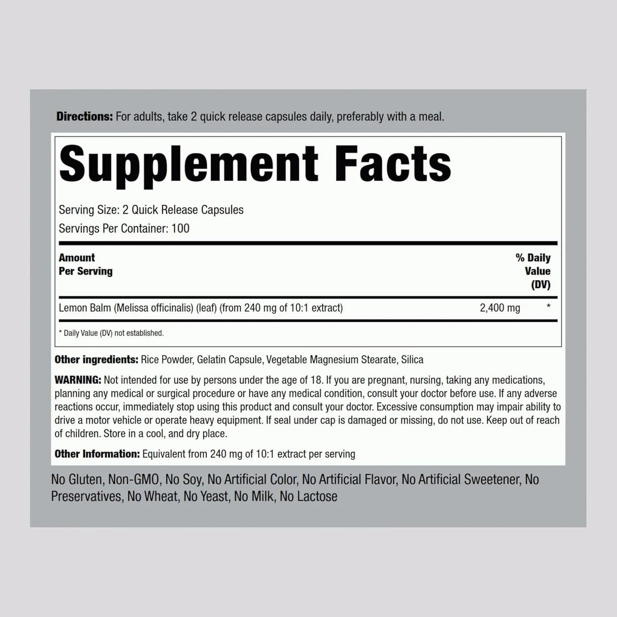 PIPING ROCK - Piping Rock Lemon Balm 2400Mg. 200 Capsulas - The Red Vitamin MX - Suplementos Alimenticios - {{ shop.shopifyCountryName }}