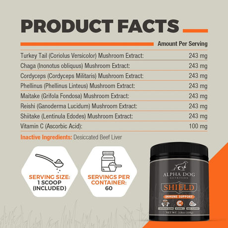 ALPHA DOG NUTRITION - Alpha Dog Nutrition Shield Allergy Immune Support 7 Nutritional Mushroom Powder Complex + Vitamin C 108Gr. - The Red Vitamin MX - Suplementos Herbales Para Perros - {{ shop.shopifyCountryName }}