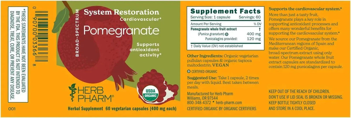 HERB PHARM - Herb Pharm Certified Organic Pomegranate 60 Capsulas - The Red Vitamin MX - Suplementos Alimenticios - {{ shop.shopifyCountryName }}