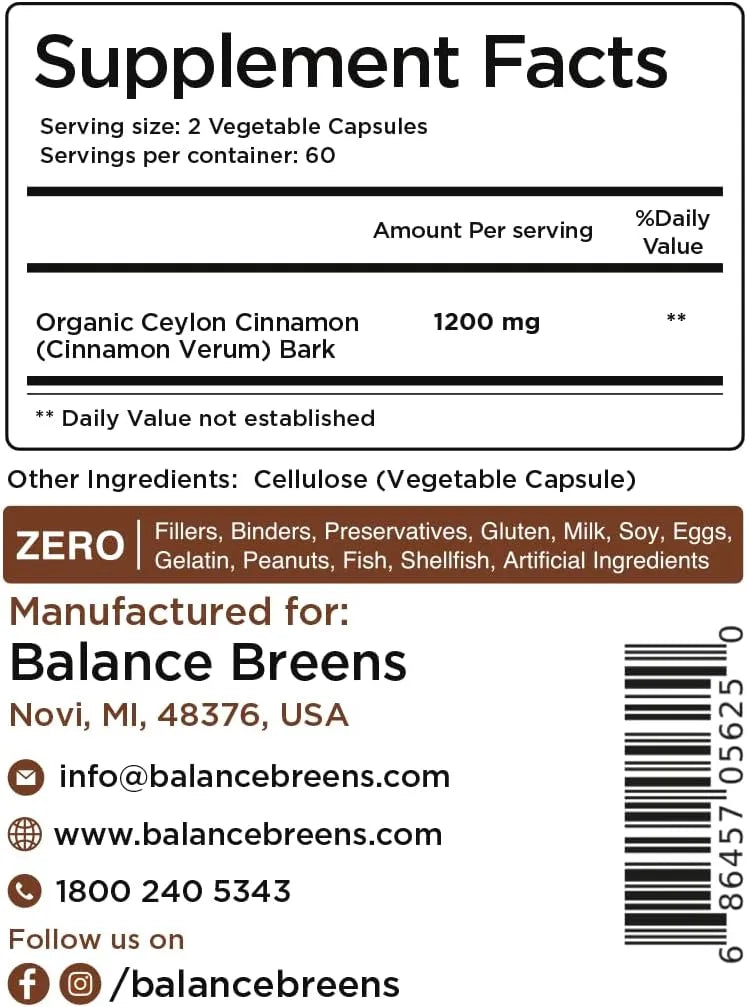 BALANCEBREENS - Balancebreens Organic Ceylon Cinnamon 1200Mg. 120 Capsulas - The Red Vitamin MX - Suplementos Alimenticios - {{ shop.shopifyCountryName }}