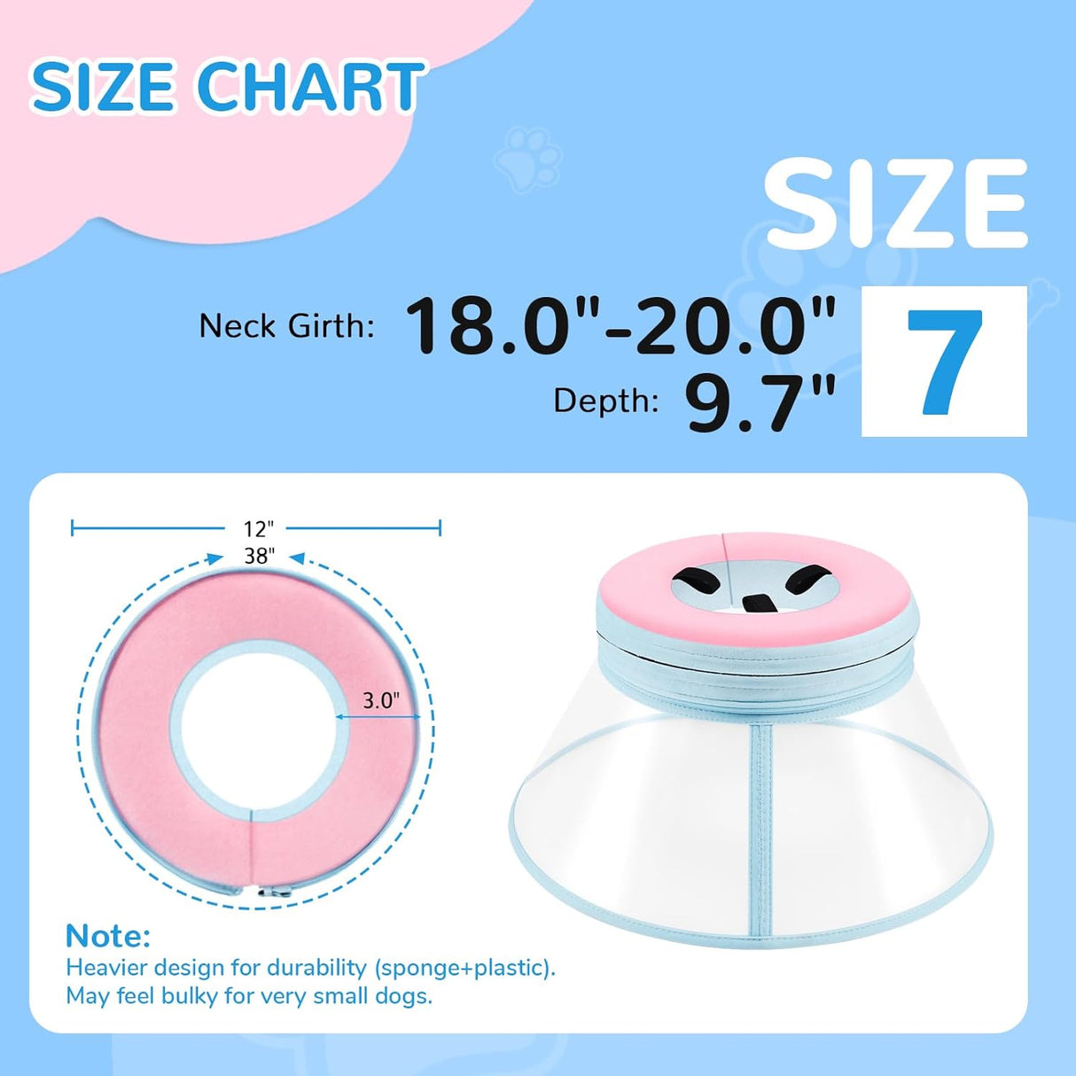 ICOYEA Sponge Core Dog Cone PINK Size 7 Neck: 18.0"- 20.0"
