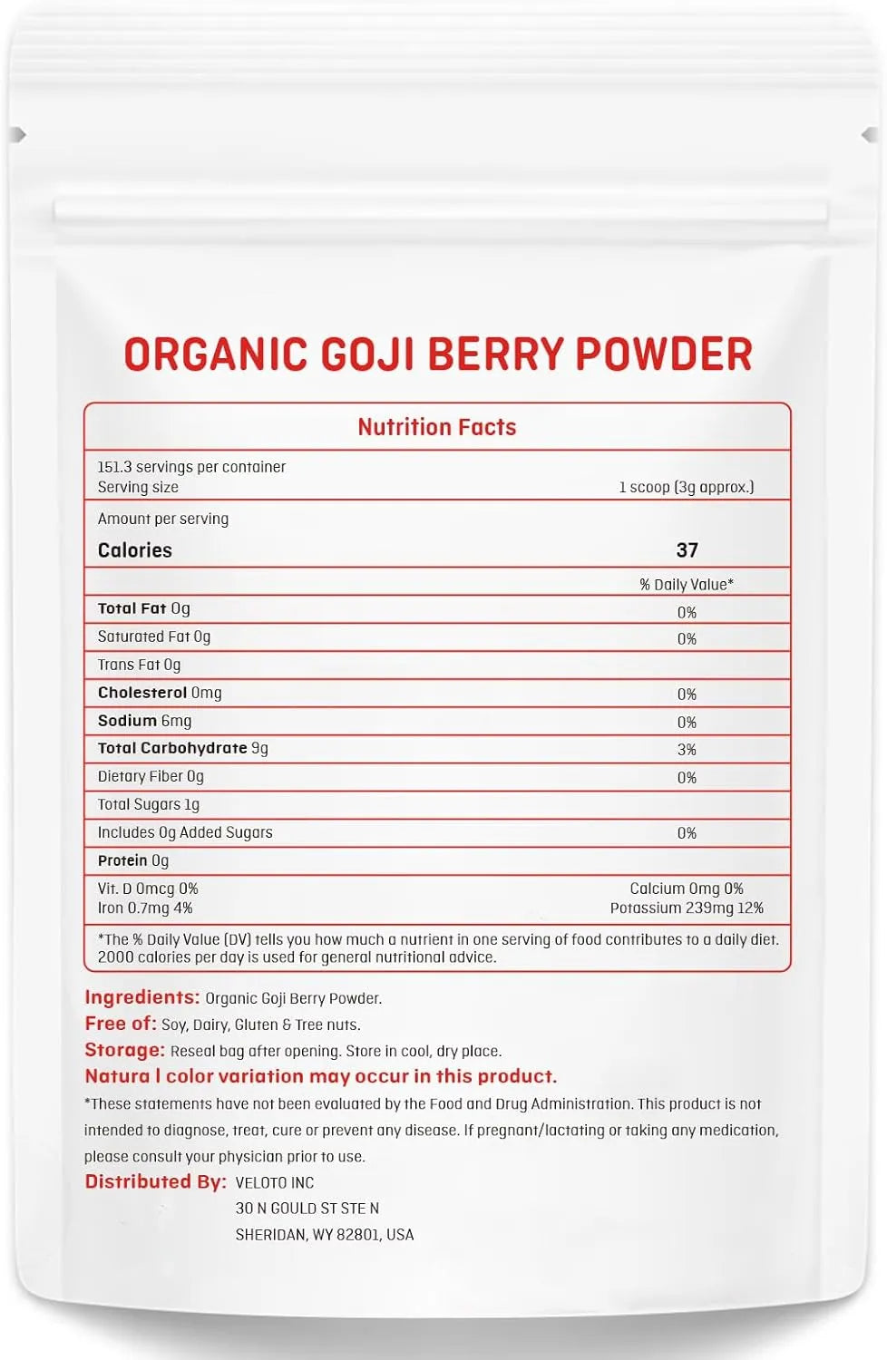 VELOTO - VELOTO Organic Goji Berry Powder 454Gr. - The Red Vitamin MX - Suplementos Alimenticios - {{ shop.shopifyCountryName }}