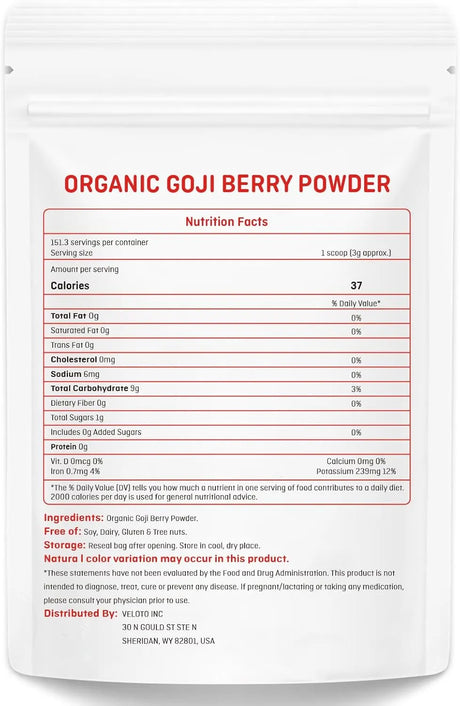 VELOTO - VELOTO Organic Goji Berry Powder 454Gr. - The Red Vitamin MX - Suplementos Alimenticios - {{ shop.shopifyCountryName }}