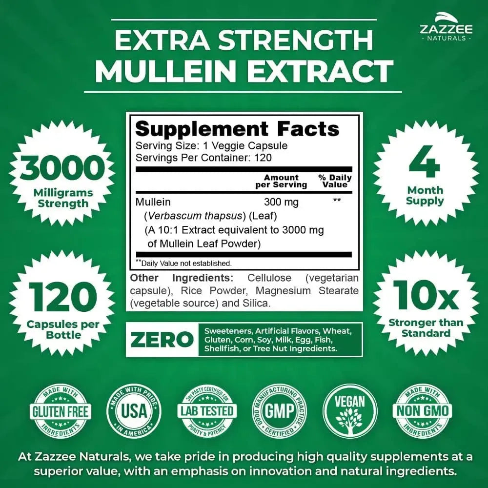 ZAZZEE NATURALS - Zazzee Extra Strength Mullein 10:1 Extract 3000Mg. 120 Capsulas - The Red Vitamin MX - Suplementos Alimenticios - {{ shop.shopifyCountryName }}