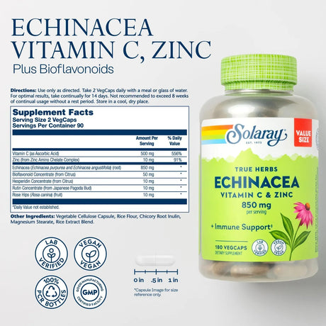 SOLARAY - SOLARAY Echinacea Vitamin C & Zinc 850Mg. 180 Capsulas - The Red Vitamin MX - Suplementos Alimenticios - {{ shop.shopifyCountryName }}