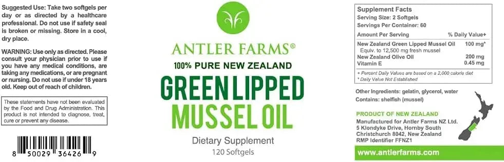 ANTLER FARMS - Antler Farms 100% Pure New Zealand Green Lipped Mussel Oil 120 Capsulas Blandas - The Red Vitamin MX - Suplementos Alimenticios - {{ shop.shopifyCountryName }}