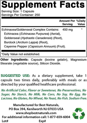 BEST NATURALS - Best Naturals Echinacea Goldenseal 450Mg. 250 Capsulas - The Red Vitamin MX - Suplementos Alimenticios - {{ shop.shopifyCountryName }}