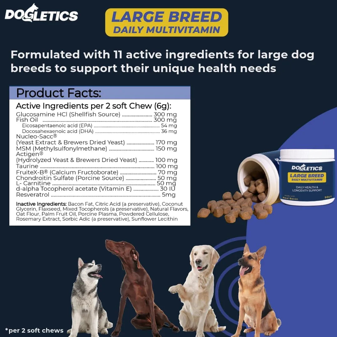 DOGLETICS - Dogletics Large Breed Daily Multivitamin Bacon Flavor 90 Masticables - The Red Vitamin MX - Multivitamínicos Para Perros - {{ shop.shopifyCountryName }}