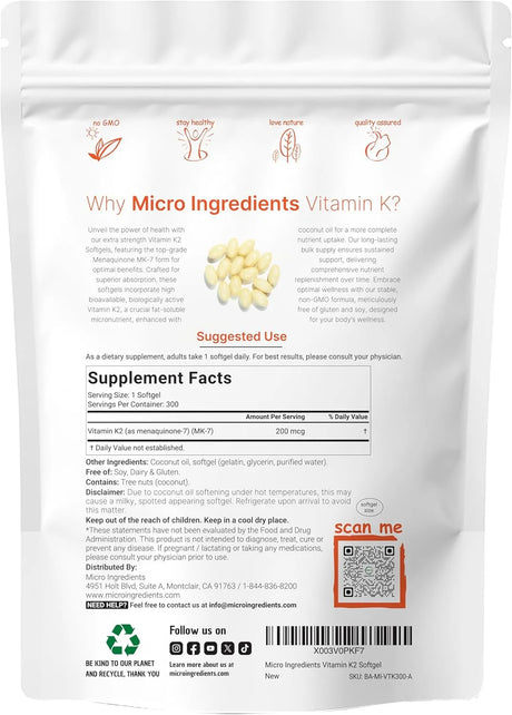 MICRO INGREDIENTS - Micro Ingredients Vitamin K2 MK-7 200mcg 300 Capsulas Blandas - The Red Vitamin MX - Suplementos Alimenticios - {{ shop.shopifyCountryName }}