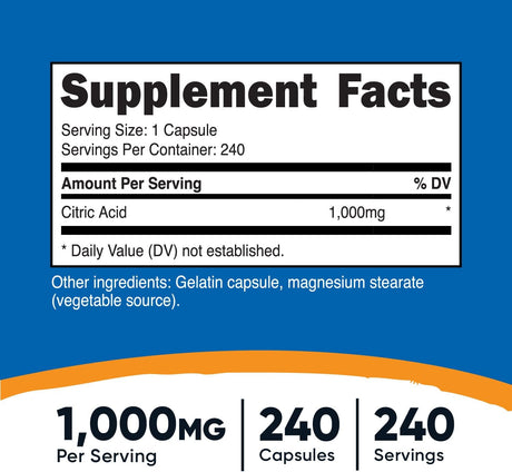 Nutricost Citric Acid 1000Mg. 240 Capsulas