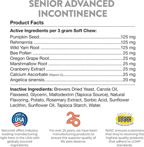 NATURVET - NaturVet Senior Advanced Incontinence Dog Supplement 60 Masticables - The Red Vitamin MX - Salud De Tracto Urinario Para Perros - {{ shop.shopifyCountryName }}