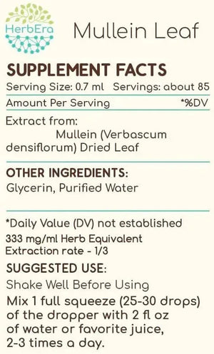 HERBERA - HerbEra Mullein Leaf B60 Alcohol-Free Herbal Extract Tincture 2 Fl.Oz. - The Red Vitamin MX - Suplementos Alimenticios - {{ shop.shopifyCountryName }}