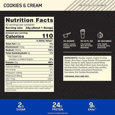 OPTIMUM NUTRITION - Optimum Nutrition Gold Standard 100% Micellar Casein Protein Powder Cookies and Cream 825Gr. - The Red Vitamin MX - Suplementos Alimenticios - {{ shop.shopifyCountryName }}