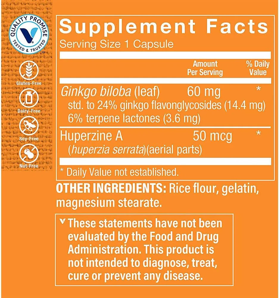 THE VITAMIN SHOPPE - The Vitamin Shoppe Huperzine A with Ginkgo Biloba 60 Capsulas - The Red Vitamin MX - Suplementos Alimenticios - {{ shop.shopifyCountryName }}