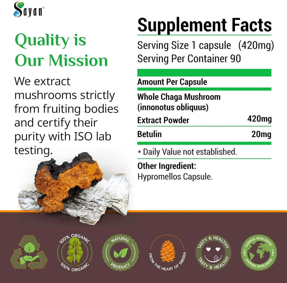 SAYAN - Sayan Siberian Chaga Mushroom Extract with Betulin 90 Capsulas - The Red Vitamin MX - Suplementos Alimenticios - {{ shop.shopifyCountryName }}