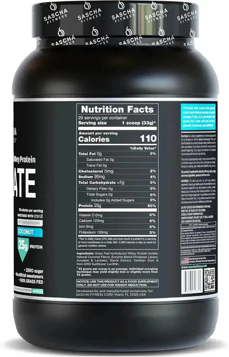 SASCHA FITNESS - SASCHA FITNESS Hydrolyzed Whey Protein Isolate Grass-Fed Coconut 957Gr. - The Red Vitamin MX - Suplementos Alimenticios - {{ shop.shopifyCountryName }}