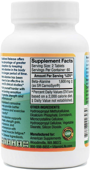 American Supplements Sustained Release Beta-Alanine 1600Mg. 120 Tabletas