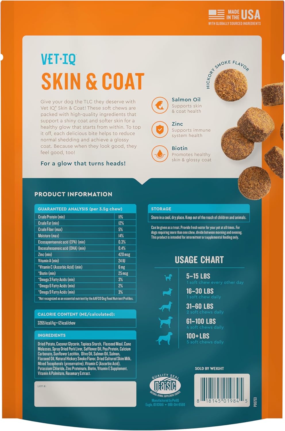 VetIQ Skin and Coat Supplement for Dogs 60 Masticables