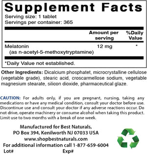 BEST NATURALS - Best Naturals Melatonin 12Mg. 365 Tabletas - The Red Vitamin MX - Suplementos Alimenticios - {{ shop.shopifyCountryName }}