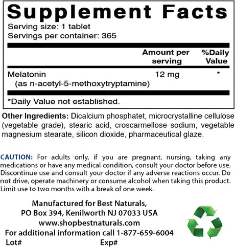 BEST NATURALS - Best Naturals Melatonin 12Mg. 365 Tabletas - The Red Vitamin MX - Suplementos Alimenticios - {{ shop.shopifyCountryName }}