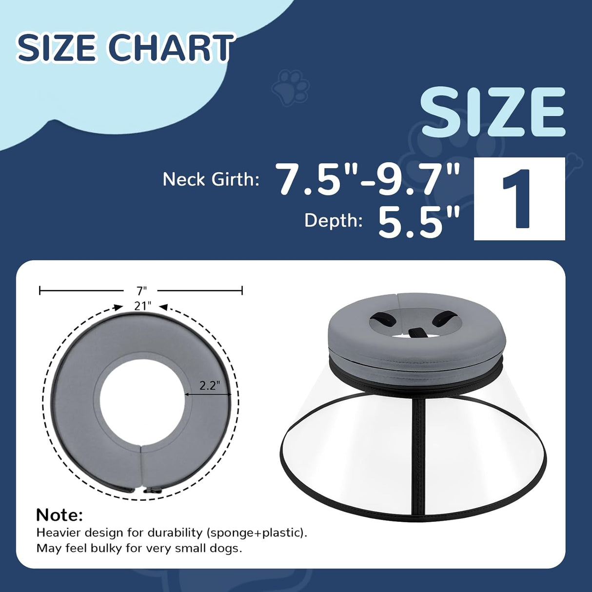 ICOYEA Sponge Core Dog Cone GRAY Size 1 Neck: 7.5"- 9.7"