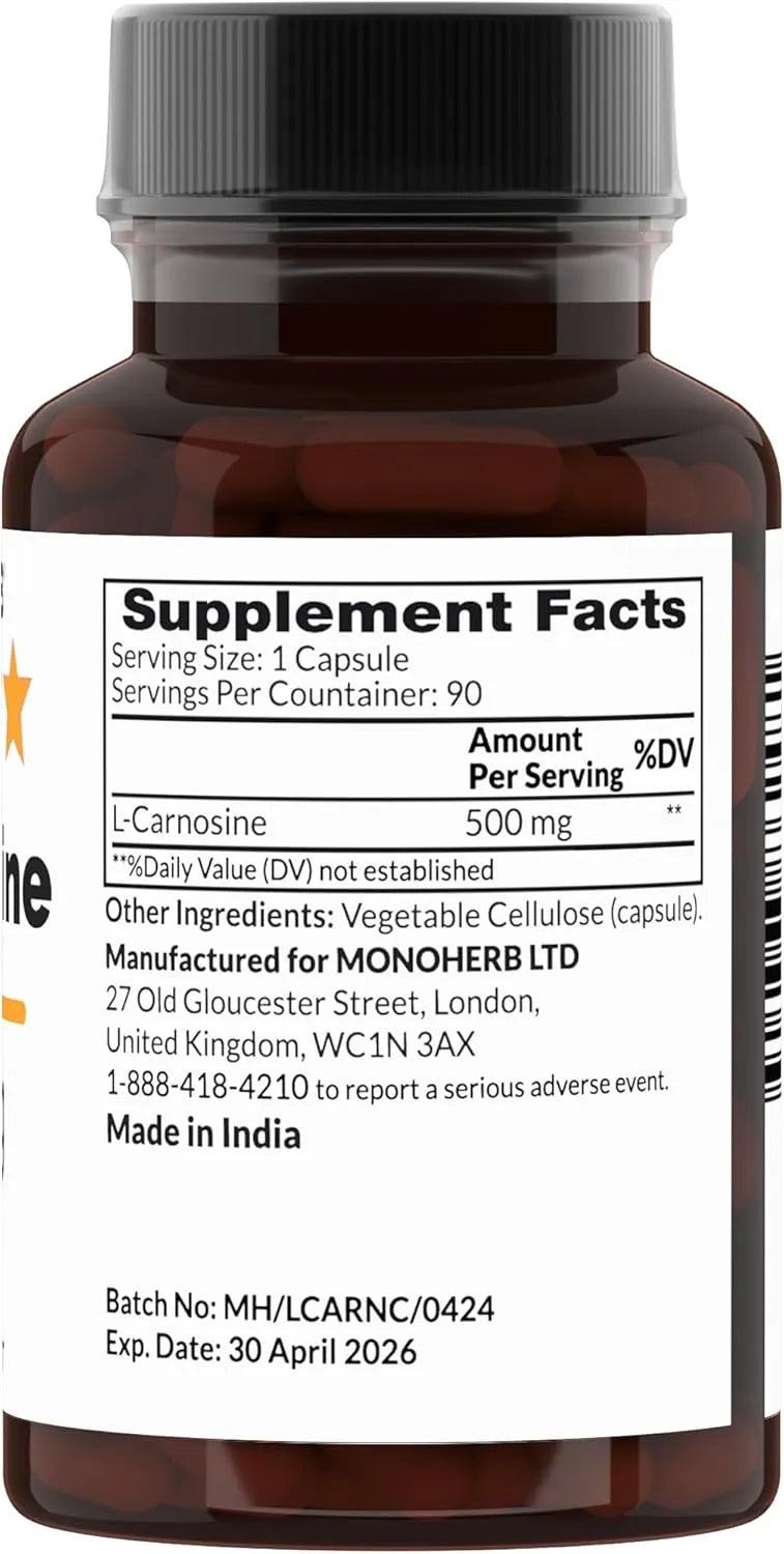 MONOHERB - MONOHERB L-Carnosine 500Mg. 90 Capsulas - The Red Vitamin MX - Suplementos Alimenticios - {{ shop.shopifyCountryName }}