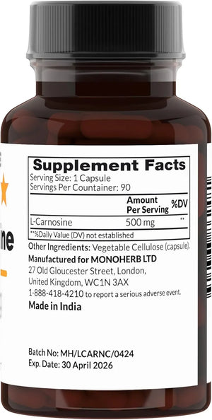 MONOHERB - MONOHERB L-Carnosine 500Mg. 90 Capsulas - The Red Vitamin MX - Suplementos Alimenticios - {{ shop.shopifyCountryName }}