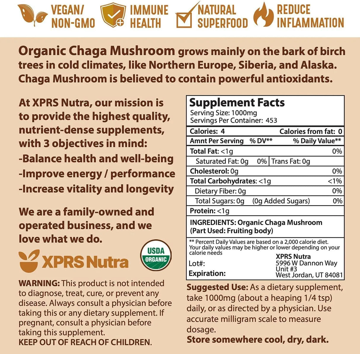 XPRS NUTRA - XPRS Nutra Organic Chaga Mushroom Powder 16 Oz. - The Red Vitamin MX - Suplementos Alimenticios - {{ shop.shopifyCountryName }}