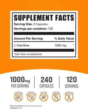 BULK SUPPLEMENTS - Bulk Supplements L-Carnitine 1000Mg. 240 Capsulas - The Red Vitamin MX - Suplementos Alimenticios - {{ shop.shopifyCountryName }}