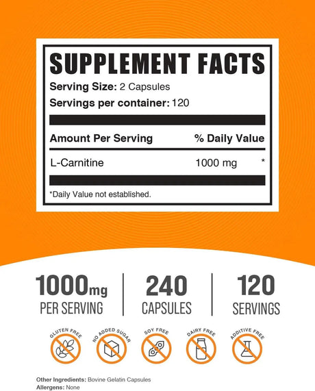 BULK SUPPLEMENTS - Bulk Supplements L-Carnitine 1000Mg. 240 Capsulas - The Red Vitamin MX - Suplementos Alimenticios - {{ shop.shopifyCountryName }}