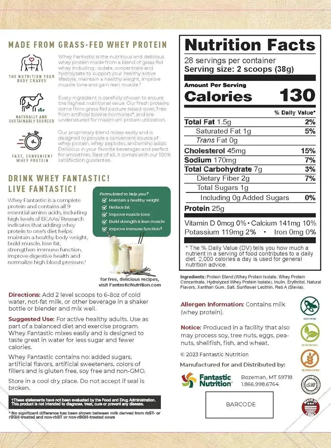 FANTASTIC NUTRITION - Fantastic Nutrition Natural Grass Fed Whey Protein Powder Vanilla 1065Gr. - The Red Vitamin MX - Suplementos Alimenticios - {{ shop.shopifyCountryName }}