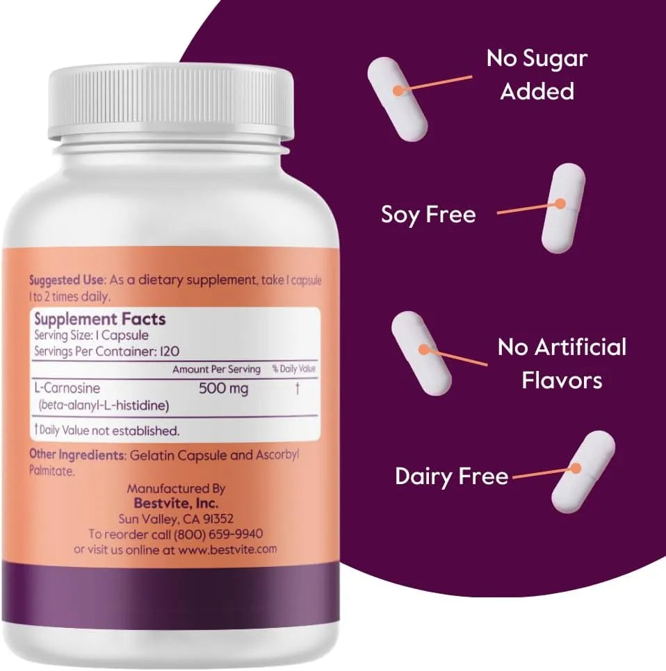 BESTVITE - BESTVITE L-Carnosine 500Mg. 120 Capsulas 2 Pack - The Red Vitamin MX - Suplementos Alimenticios - {{ shop.shopifyCountryName }}