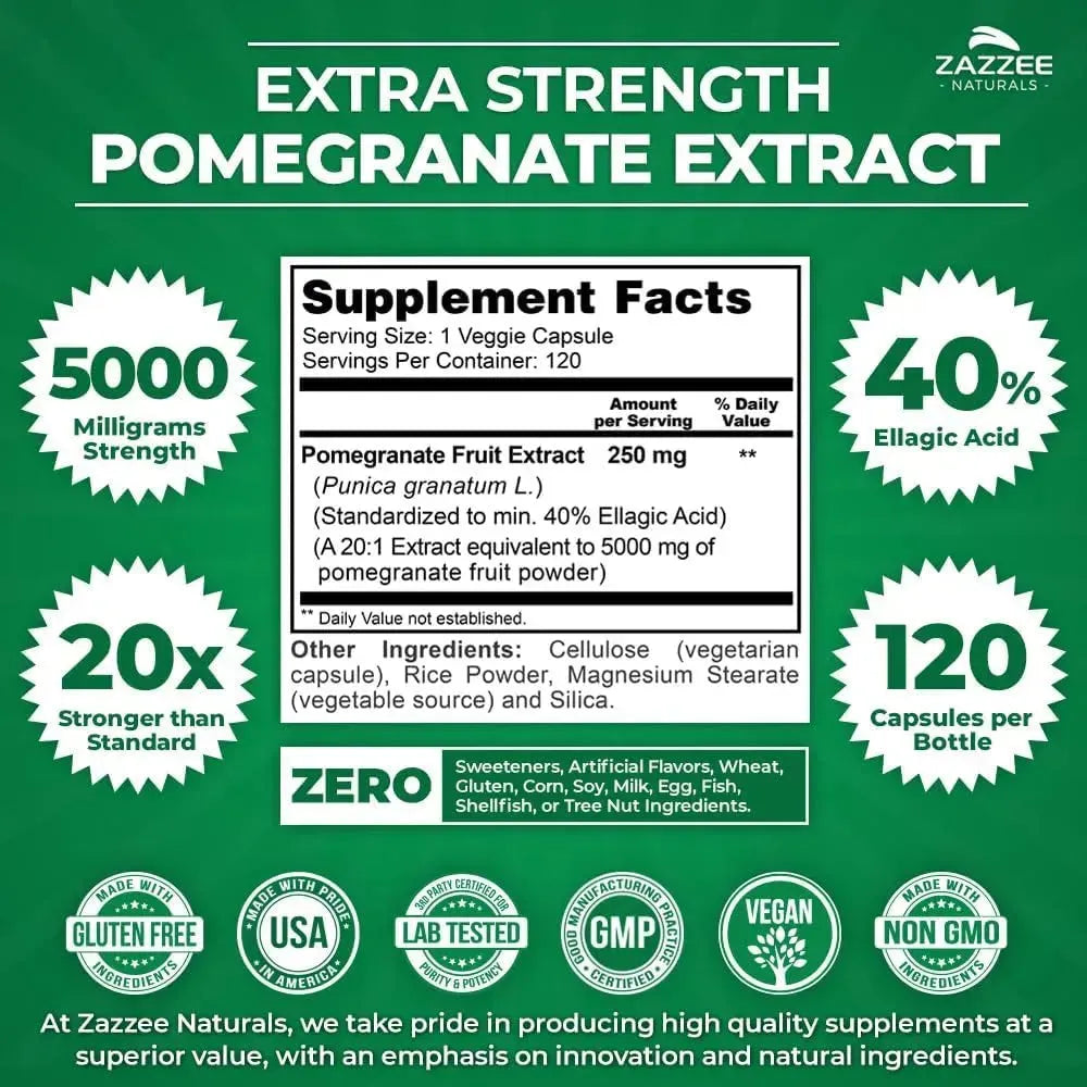 ZAZZEE NATURALS - Zazzee Extra Strength Pomegranate 20:1 Extract 5000Mg. 120 Capsulas - The Red Vitamin MX - Suplementos Alimenticios - {{ shop.shopifyCountryName }}