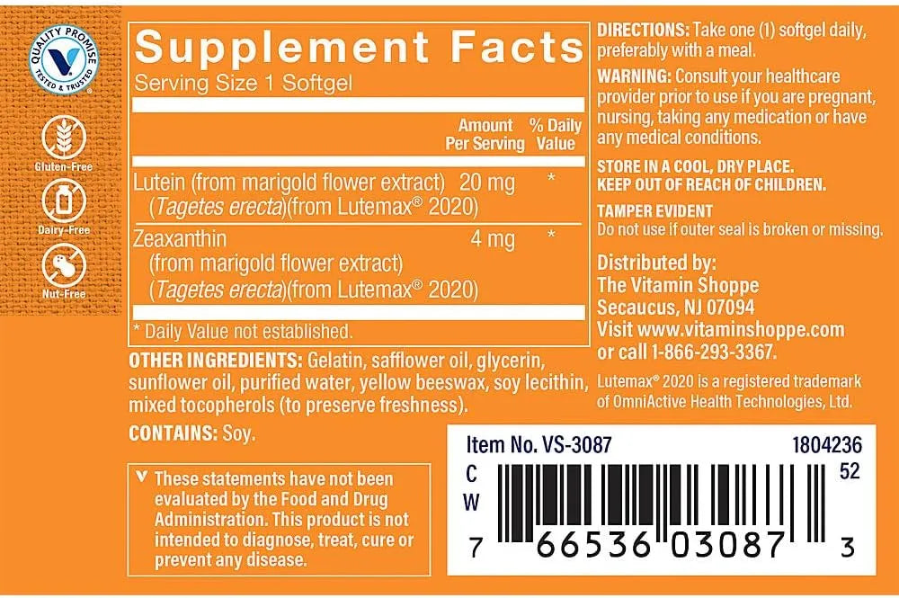 THE VITAMIN SHOPPE - The Vitamin Shoppe Lutein 20Mg. 60 Capsulas Blandas - The Red Vitamin MX - Suplementos Alimenticios - {{ shop.shopifyCountryName }}