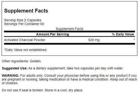 Swanson Activated Charcoal 260Mg. 120 Capsulas