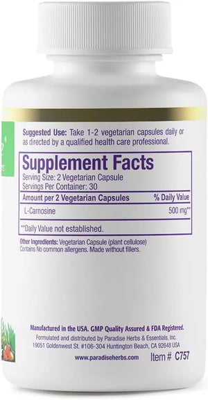 PARADISE HERBS - Paradise Herbs L-Carnosine 60 Capsulas - The Red Vitamin MX - Suplementos Alimenticios - {{ shop.shopifyCountryName }}